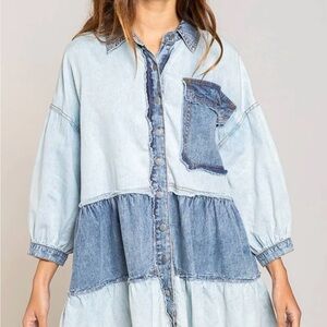POL OS Denim Tiered Dress with Patchwork and Bubble sleeves